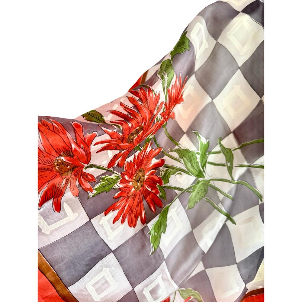 Vintage Pure Silk Hand Rolled Scarf Red Gerbera Daisy Harlequin Print 35" - Picture 9 of 11